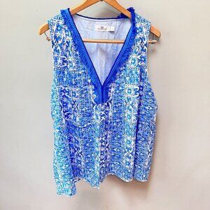 Vineyard Vines Women's Sleeveless Blue & White Boho Print Top‎ - Size L